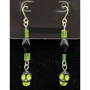 Handmade Neon Yellow & Black Skull with Black Glass Bead Earrings by Neanie-Bot